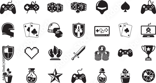 Collection of black gaming and fantasy on white background gaming controller dice helmet spade playing card
