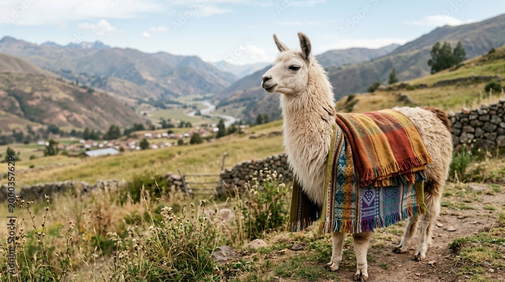 Fototapeta premium White llama wearing a colorful traditional woven blanket in the Andes mountains. South American landscape with valley and river. Peruvian wildlife and travel destination