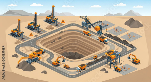 Open Pit Mine With Heavy Machinery And Trucks.