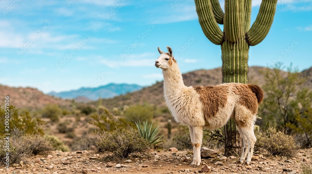 Fototapeta premium Llama standing by a saguaro cactus in a desert landscape. Brown and white llama in arid wilderness. Southwest nature scene