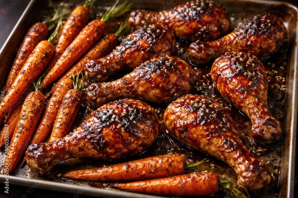 Fototapeta premium Barbecue style chicken drumsticks with caramelized roasted carrots