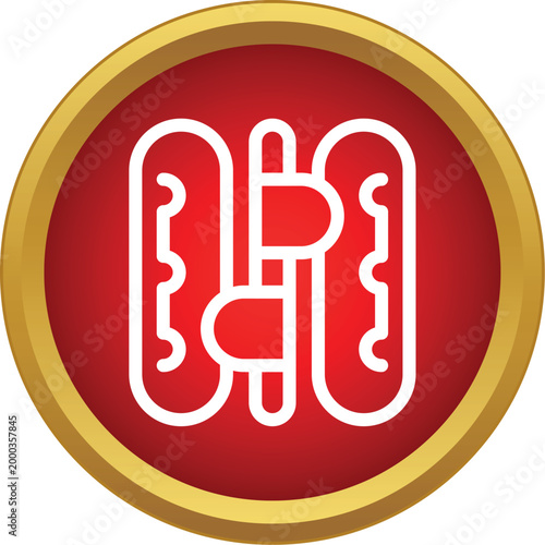 Hinged hardware icon featuring a white outline on a red circular background with a gold border