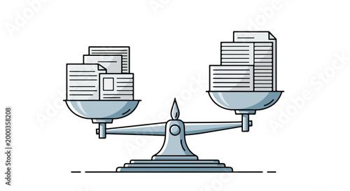 Balanced scale with stacks of documents representing comparison or decision-making in a professional setting