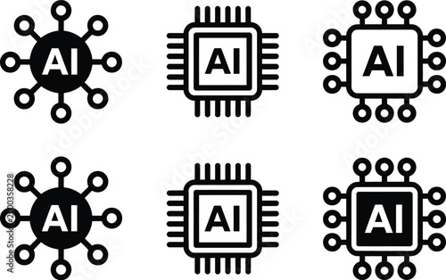 Artificial intelligence AI processor chip black line icon set AI processor circuit symbol vector collection for machine learning, neural networks and advanced computing technology design.