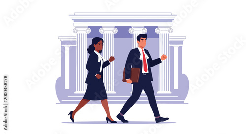Business professionals walking together outside a classical building with columns and architectural details