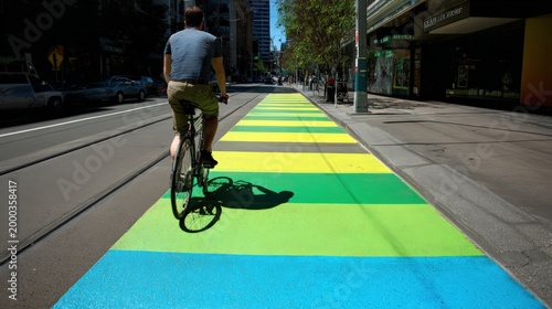 Cyclist riding on vibrantly colored bike lane in urban environment