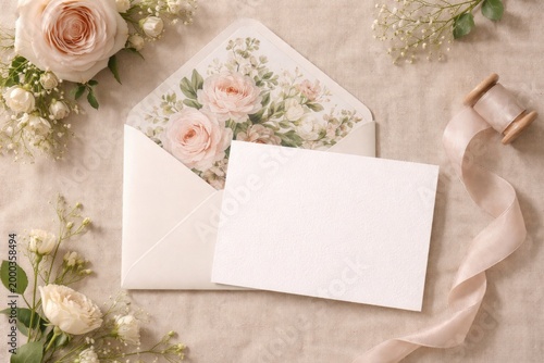 Floral envelope with paper card displayed on a beige linen background for stylish branding