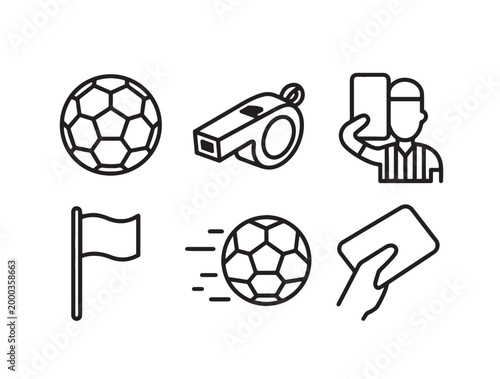 Line icons depicting soccer elements like a ball, whistle, flag, and referee cards