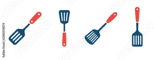 Multiple graphic illustrations depict kitchen spatulas in various orientations with blue heads and red handles