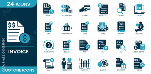 Invoice icon set. Invoice, accounting, payment, invoice file, billing, VAT, tax, financial, transaction, bookkeeping. Duotone vector icons.