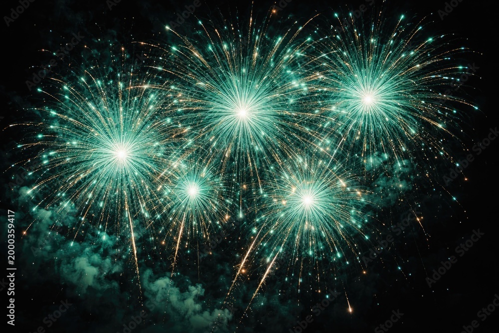 Fototapeta premium Bright emerald firework sparks creating a dazzling display in the night sky horizontal shot
