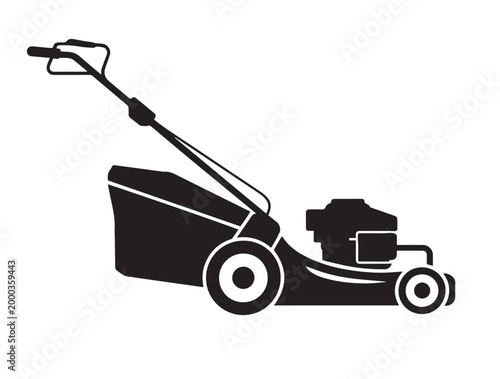 Side view of a traditional gas powered push lawn mower in a solid black silhouette