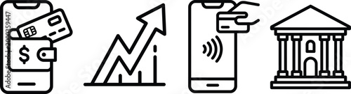 Digital finance icons: mobile payment, growth chart, contactless transaction, and bank building.