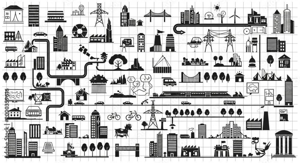 Obraz premium Collection of City Buildings and Infrastructure Elements.