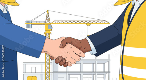 A handshake between a businessman and a construction worker, with a crane and building site in the background, indicating project collaboration.