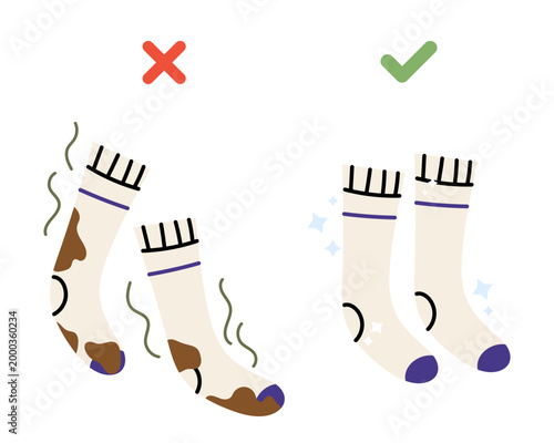 Dirty and clean socks. Dirty socks with stains and an unpleasant odor. Clean, washed socks. Hygiene and laundry concept.