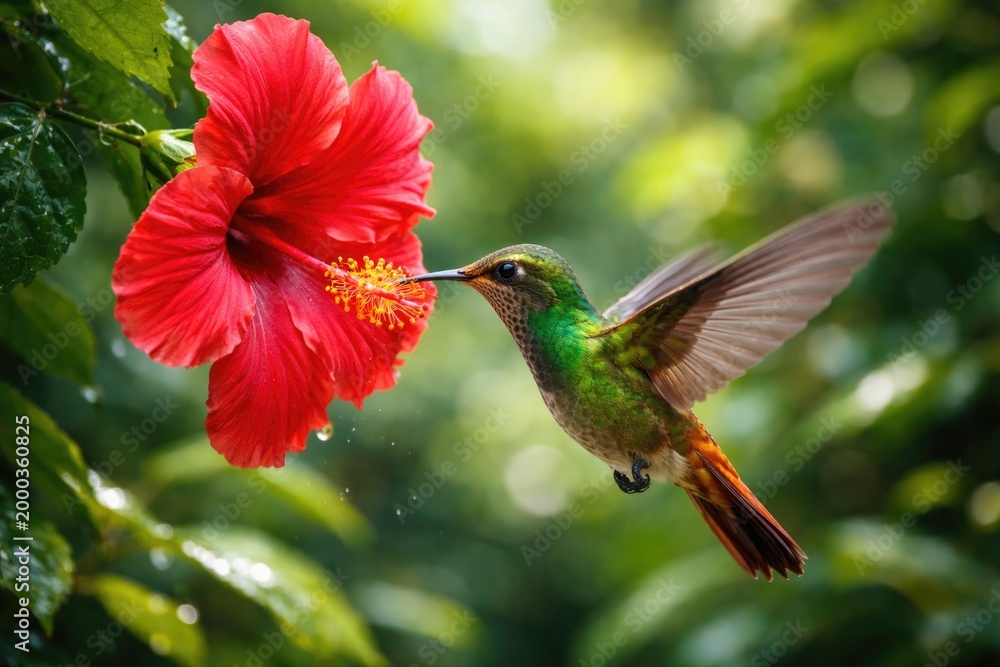 Fototapeta premium Delighted Rufous tailed hummingbird feeding on a red rose hibiscus flower in rich green natural setting