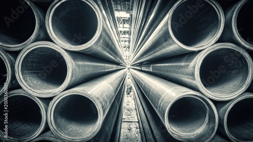 Symmetrical arrangement of industrial pipes with detailed texture and lighting effects