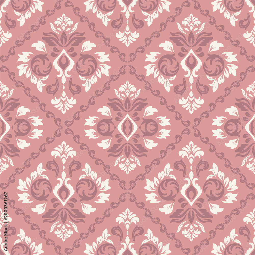 Fototapeta premium Elegant seamless damask pattern in soft pink and cream tones, featuring ornate floral motifs and vintage symmetry. Ideal for wallpaper, textiles, branding, and sophisticated background designs.