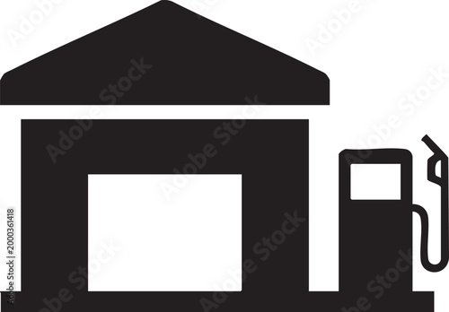 Gas station service building silhouette with fuel pump icon, building