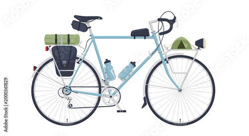 A light blue touring bicycle is fully loaded with camping gear including a sleeping mat, frame bags, water bottles, and a tent mounted on the front rack.