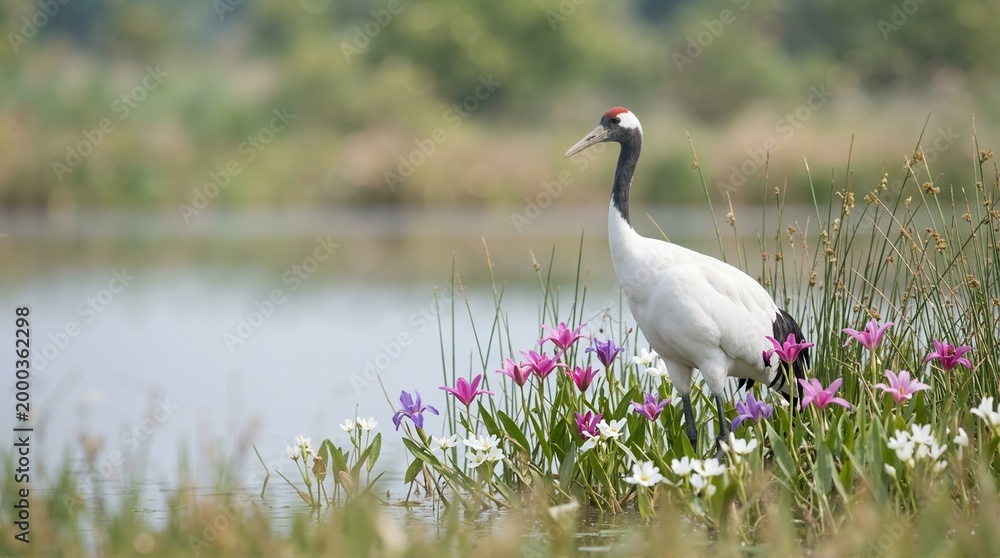 Fototapeta premium Red-crowned crane standing among wildflowers by a pond. Elegant white bird with pink and white flowers in a wetland habitat. Wildlife and nature photography