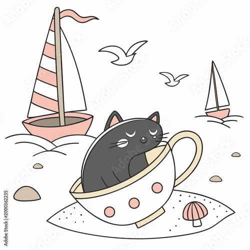 Creative SVG: Sleepy Black cat with in a teacup in a Ocean Breeze colored Beach day theme