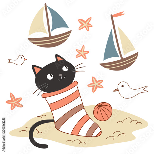 SVG art: A Funny Black cat in a Beach day vibe with snuggled in a sock, tinted with Ocean Breeze tones