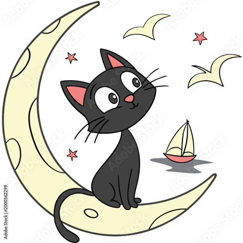 Cute SVG of a Bashful Black cat in Ocean Breeze colors, featuring sitting on a moon in a Beach day setting