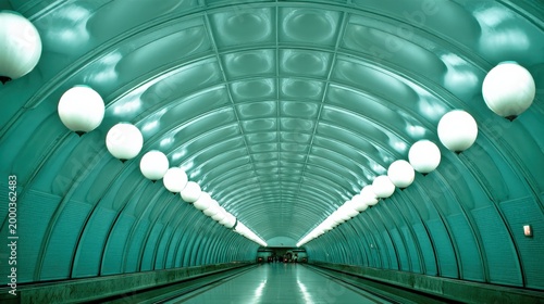 Futuristic subway tunnel with illuminated ceilings and symmetrical design