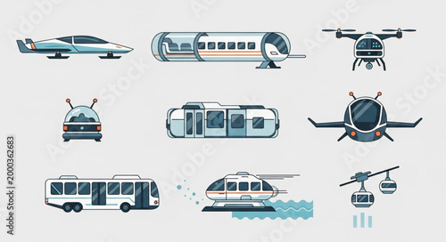 Collection of futuristic transportation vehicles and modes of transport.
