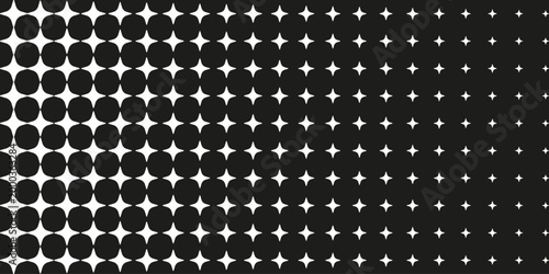 Halftone pattern with gradient of increasing star shapes on black background. Geometric abstract texture design elements for creative graphic art and digital backdrop page decor. Vector illustration