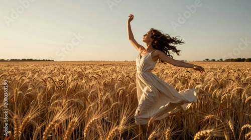 Young Woman Dancing Gracefully in Golden Wheat Field at Sunset
