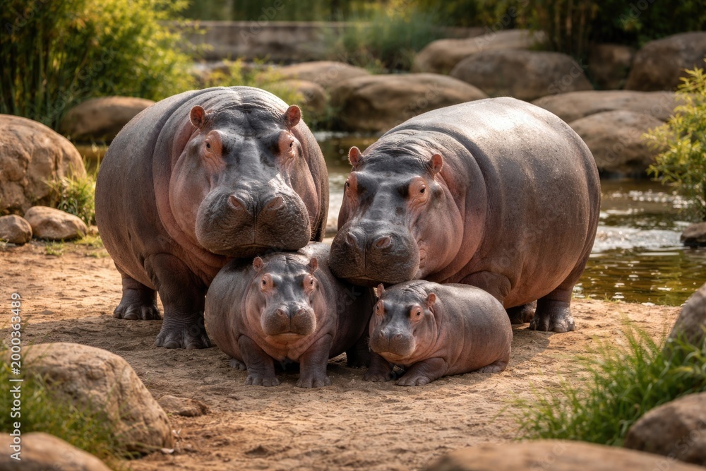Fototapeta premium A family of hippos calmly gathered together in their zoo environment