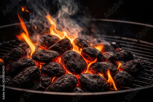 Close up view of barbecue grill charcoal briquettes ignited with bright flames and swirling smoke with copy space