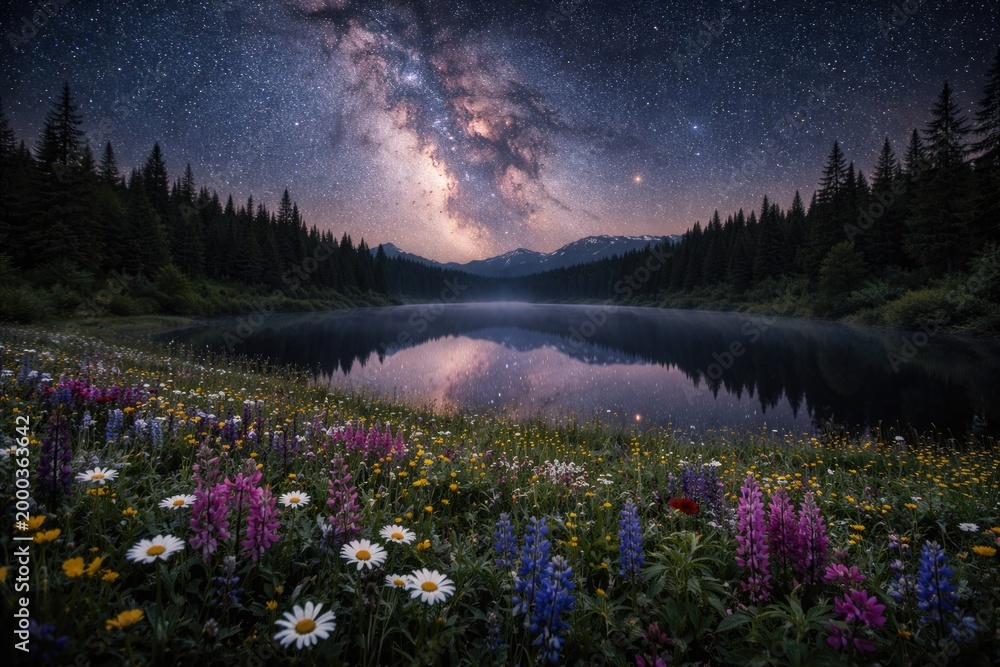 Fototapeta premium Idyllic wildflower meadow beside still lake illuminated by Milky Way galaxy