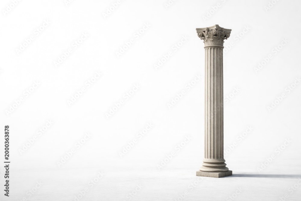 Fototapeta premium Lone tall stone column on white backdrop designed with extra copy space for text