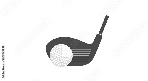 A stylized dark silhouette of a golf club head poised to hit a white golf ball and tee on a plain background.