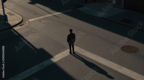 Man Standing Alone on Street with Dramatic Shadows and Light Play