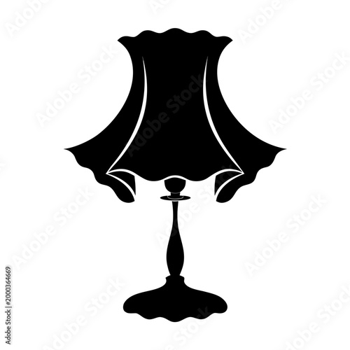 Vintage table lamp silhouette vector, antique bedside lamp icon with decorative lampshade, classic interior lighting element for home decor design