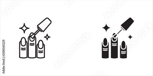 Nail polishing linear icon set. Finger with manicure. Thin line illustration. Nail varnish brush contour symbol. Vector isolated outline drawing