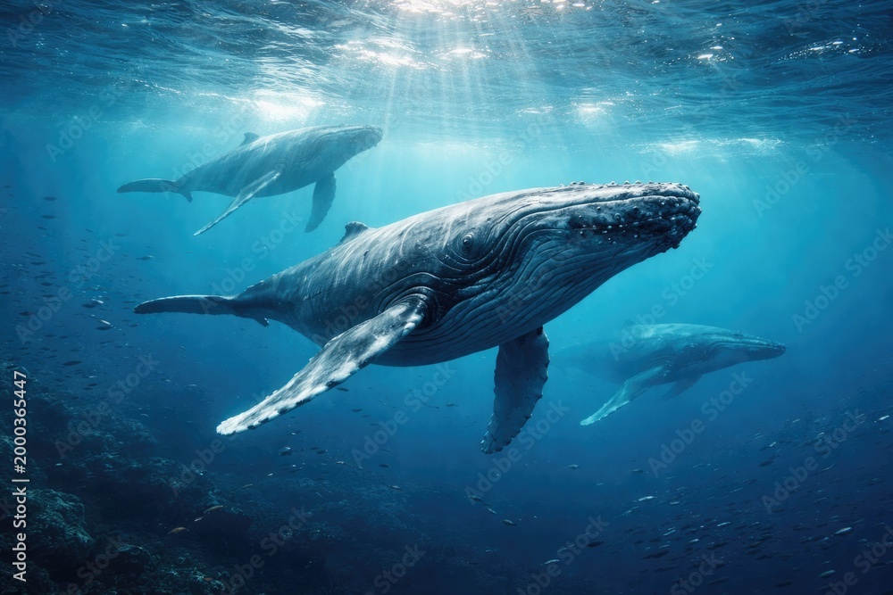 Fototapeta premium Humpback whales gliding through vast marine environment