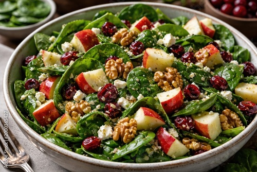 Nutritious salad with tender baby spinach, juicy red apple pieces, sweet cranberries, crunchy walnuts, and tangy feta cheese