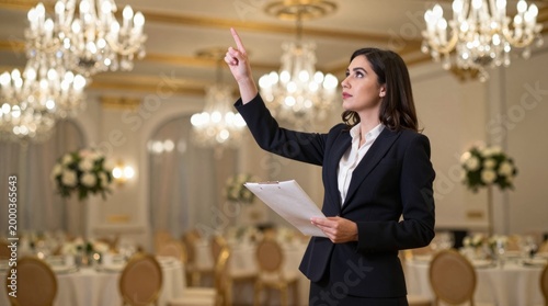 Professional Woman Giving Instructions in Elegant Banquet Hall