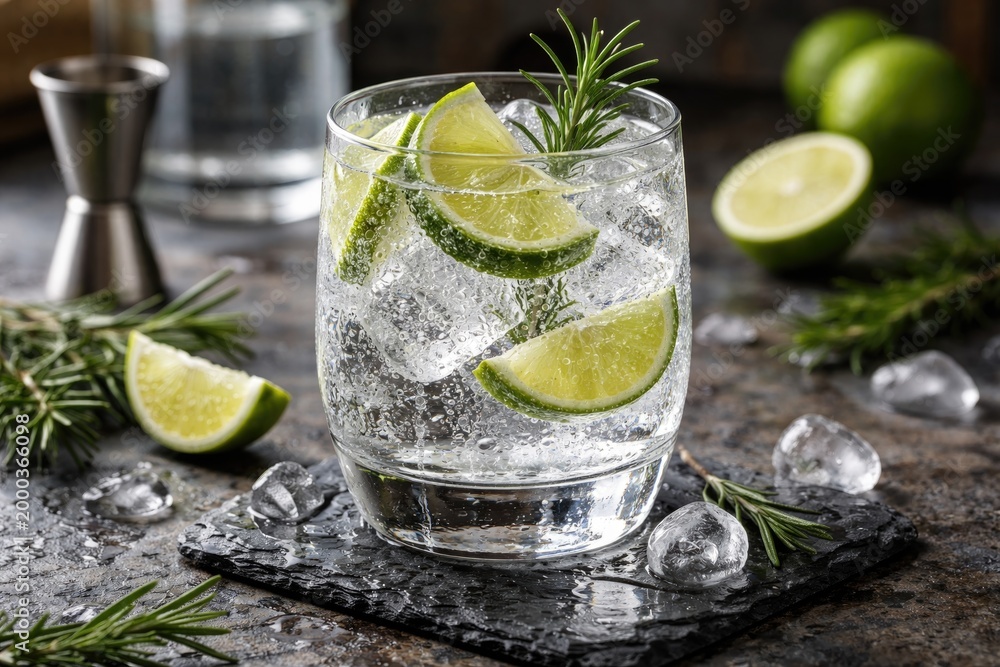 Fototapeta premium Chilled gin and tonic beverage with soda lime and fresh rosemary