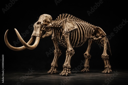 Full profile of a realistic woolly mammoth skeleton set before a black backdrop