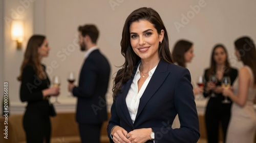 Confident Businesswoman Smiling at Networking Event in Elegant Venue