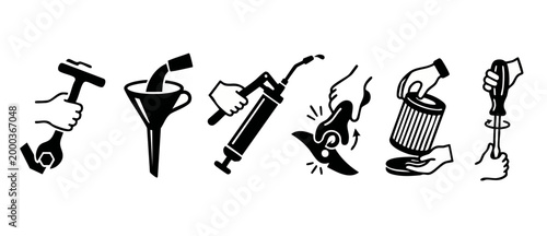 Car Maintenance Icons Set with Tools and Procedures for Automotive Repair, Engine Service, Oil Change, and Filter Replacement in Simple Black Vector Style for Mechanic Shop Manuals and Technical Guide