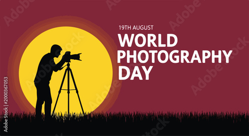 Silhouette of a photographer taking pictures with a camera on a tripod during sunset for World Photography Day