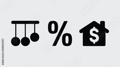 Business finance and property investment icons with percentage signs and newton cradle